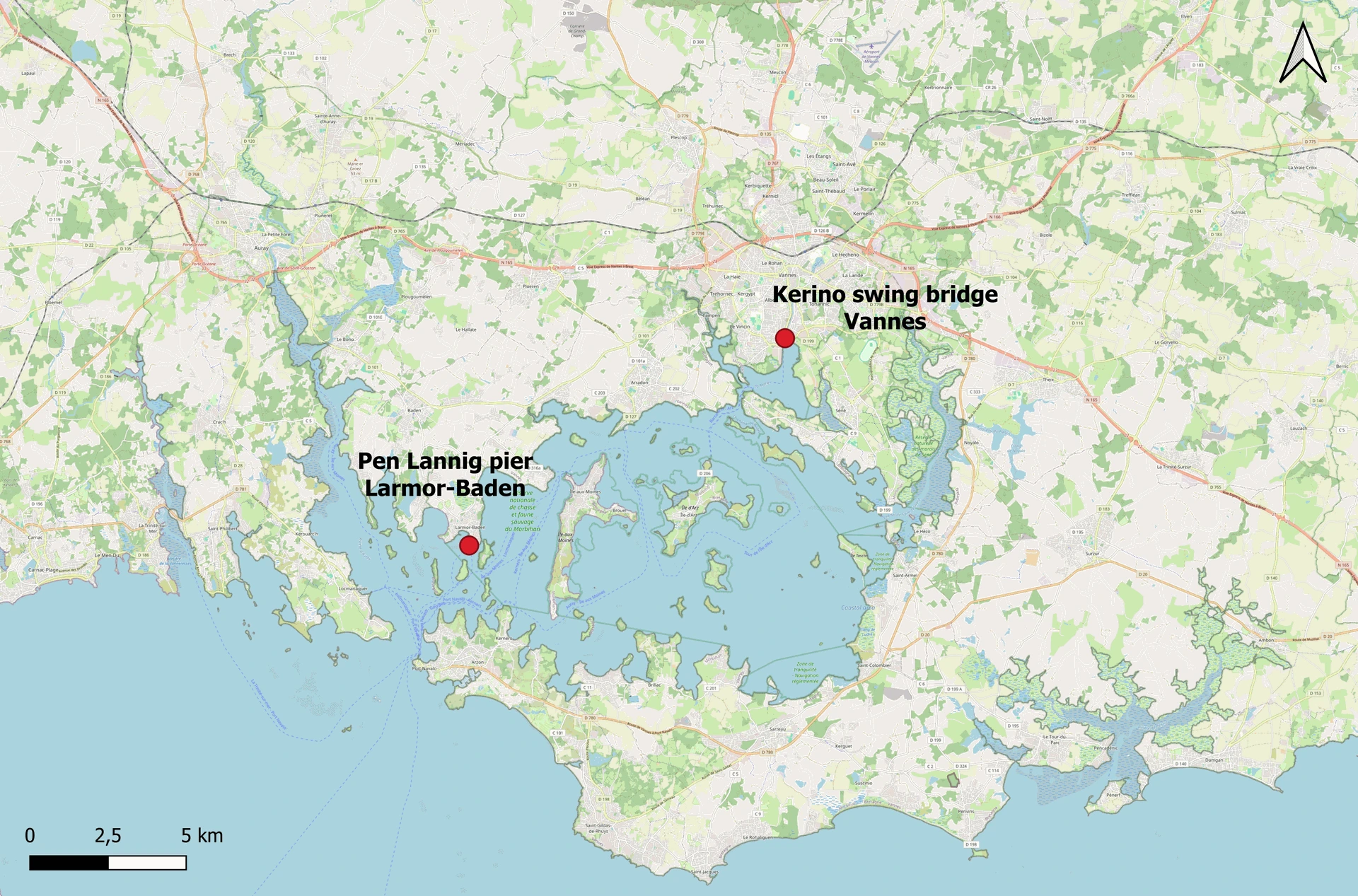 Map of Pen Lannig pier Larmor-Baden and Kerino swing bridge Vannes